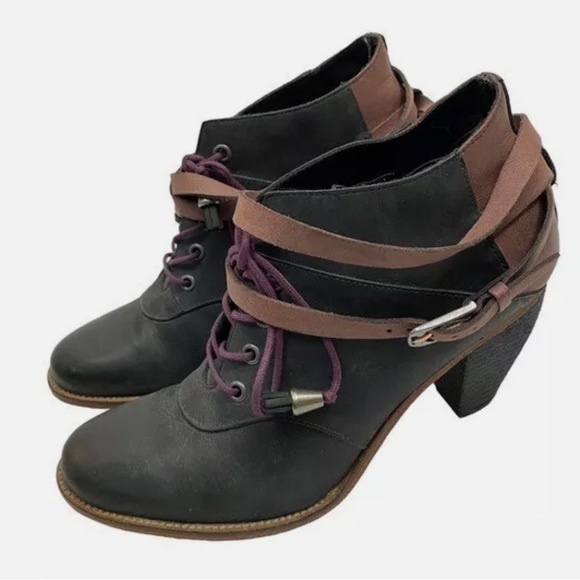 J Shoes Anthropologie Black Ankle Wrap Around Carson Mauve Leather Boots 8.5 - Picture 3 of 13